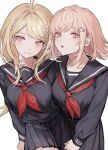  2girls :o ahoge akamatsu_kaede alternate_costume bangs black_sailor_collar black_serafuku black_skirt breasts danganronpa_(series) danganronpa_2:_goodbye_despair danganronpa_v3:_killing_harmony eyebrows_visible_through_hair galaga hair_ornament highres large_breasts long_hair looking_at_viewer medium_hair multiple_girls musical_note_hair_ornament muuyiie nanami_chiaki neckerchief pink_eyes pleated_skirt red_neckerchief sailor_collar school_uniform serafuku shiny shiny_hair shirt skirt smile teeth upper_body upper_teeth 