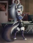  2021 anthro breasts canid canid_demon cellphone clothed clothing demon female footwear fur gesture grey_body grey_fur hellhound helluva_boss hi_res loona_(helluva_boss) mammal middle_finger phone rear_view red_sclera socks solo ukon_vasara white_body white_fur 