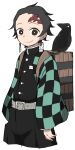  1boy absurdres backpack bag belt bird black_eyes black_hair checkered_clothes checkered_haori cropped_legs crow demon_slayer_uniform earrings haori highres japanese_clothes jewelry kamado_tanjirou kimetsu_no_yaiba looking_at_viewer male_focus scar scar_on_face simple_background smile tirarizun white_background 