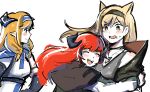  3girls animal_ears arknights bagpipe_(arknights) blonde_hair blush closed_eyes crying dragon_girl dragon_horns herecave horn_(arknights) horns hug multiple_girls pointy_ears red_hair saileach_(arknights) white_background wolf_ears wolf_girl 