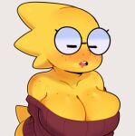  alphys anthro big_breasts blush bodily_fluids breasts buckteeth cleavage clothed clothing drooling eyes_closed eyewear female freckles glasses hi_res lizard non-mammal_breasts open_mouth reptile saliva scalie solo somescrub sweater teeth topwear undertale undertale_(series) video_games yellow_body 