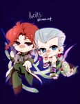  2boys blue_eyes chibi earrings flattop gakuran hierophant_green jean_pierre_polnareff jewelry jojo_no_kimyou_na_bouken kakyoin_noriaki male_focus multiple_boys purple_eyes school_uniform stand_(jojo) stardust_crusaders tentacles tianel_ent 