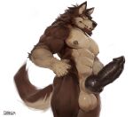  abs absurd_res anthro balls brown_body canid canine darkgem genitals hi_res male mammal muscular muscular_male nipples nude signature simple_background solo standing teeth white_background 
