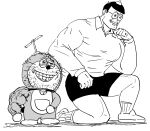  2boys absurdres bb_(baalbuddy) beard commentary coomer doraemon english_commentary english_text facial_hair gigachad_(meme) greyscale grin highres meme messy_hair monochrome multiple_boys muscular muscular_male oversized_forearms oversized_limbs shorts simple_background smile white_background 