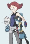  1girl bandaid bandaid_on_arm bandaid_on_face bandaid_on_nose bangs black_eyes blue_gloves fingerless_gloves gloves highres light_blue_background lucario maylene_(pokemon) meditite pants parted_lips pokemon pokemon_(creature) pokemon_(game) pokemon_dppt red_hair saliva short_hair simple_background tank_top tirarizun 