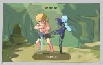  1boy 1girl bangs black_shorts blonde_hair clenched_teeth fi_(zelda) forest gameplay_mechanics heart highres holding holding_sword holding_weapon kicking link master_sword nature planted planted_sword pointy_ears ponytail shorts sweat sword teeth the_legend_of_zelda the_legend_of_zelda:_breath_of_the_wild the_legend_of_zelda:_skyward_sword tirarizun topless_male translation_request tree weapon 