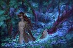  abstract_background animal_genitalia anthro balls brown_hair canid canine fully_sheathed fur genitals girly hair heron_stellanimus long_hair male mammal maned_wolf nipples nude sadnicole sheath solo striped_body striped_fur stripes 