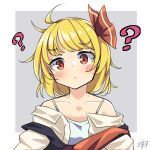  1girl ? ?? ahoge bangs bare_shoulders blonde_hair blush collarbone eyebrows_visible_through_hair grey_background hair_ribbon highres looking_at_viewer off_shoulder red_eyes red_ribbon ribbon rumia shirt short_hair solo spoken_question_mark touhou upper_body white_shirt woruta_(soloistlist) 