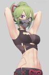  1girl armpits arms_up bangs bare_arms bare_shoulders black_shirt breasts commentary_request crop_top genshin_impact green_hair grey_background hair_between_eyes kuki_shinobu large_breasts looking_at_viewer mask midriff mouth_mask navel ponytail purple_eyes putcher shirt short_hair simple_background sleeveless sleeveless_shirt solo stomach upper_body 