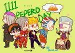  6+boys bird black_hair blonde_hair bruno_buccellati chibi eyepatch food formal giorno_giovanna grey_hair guido_mista hat jean_pierre_polnareff jojo_no_kimyou_na_bouken leone_abbacchio multiple_boys narancia_ghirga necktie pannacotta_fugo pocky purple_eyes red_eyes suit thought_bubble tianel_ent vento_aureo wheelchair 