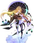  1girl alternate_costume bangs bare_shoulders blonde_hair breasts chest_jewel cleavage dress gem headpiece highres hyouri00 japanese_clothes jewelry kimono kimono_skirt large_breasts long_hair looking_at_viewer mythra_(xenoblade) one_eye_closed smile solo swept_bangs tiara umbrella very_long_hair xenoblade_chronicles_(series) xenoblade_chronicles_2 yellow_eyes 