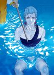  2boys blue_eyes cane earrings flattop grey_hair jean_pierre_polnareff jewelry jojo_no_kimyou_na_bouken male_focus multiple_boys n&#039;doul out_of_frame partially_submerged sitting stardust_crusaders tianel_ent water wet wet_clothes 