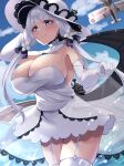  1girl aircraft airplane azur_lane bangs blue_eyes blue_sky blush breasts closed_mouth cowboy_shot dress elbow_gloves garter_straps gloves hair_ornament highres illustrious_(azur_lane) large_breasts large_hat long_hair looking_at_viewer mole mole_under_eye outdoors sky smile solo thighhighs thighs twintails water wee_(weeyy) white_dress white_gloves white_hair white_headwear white_legwear 