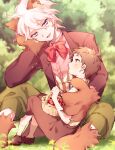  2boys :d ahoge amido_(compassion273) animal_ears bangs basket blurry blurry_background bow bowtie brown_pants child danganronpa_(series) danganronpa_2:_goodbye_despair dress_shirt fang food fruit grass grey_hair highres hinata_hajime holding jacket komaeda_nagito messy_hair multiple_boys open_clothes open_jacket outdoors pants pink_shirt red_bow red_bowtie red_jacket shirt shoes short_hair sitting skin_fang smile strawberry striped striped_vest vest wolf_ears wolf_paws younger 