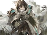  1girl arknights bangs brown_hair closed_mouth drone feather_hair feathers glasses hair_between_eyes highres infection_monitor_(arknights) jacket koba_(jdhikdjdkfiwufh) looking_at_viewer medium_hair short_hair silence_(arknights) silence_(frosted_breath)_(arknights) simple_background sitting sketch solo white_background yellow_eyes 
