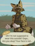  2020 animal_crossing anthro bdsm_gear biped brown_body brown_fur canid canine canis cloud collar day dialogue digital_drawing_(artwork) digital_media_(artwork) english_text eyebrows fur grass harness hi_res kyle_(animal_crossing) male mammal marcofox nintendo outside plant sky smile solo speech_bubble talking_to_viewer teeth text video_games white_body white_fur wolf 