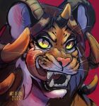  anthro demon felid female forked_tongue green_eyes hervy_(uchoa) hi_res horn looking_at_viewer mammal pantherine pink_nose portrait simple_background smile solo teeth tiger tongue tongue_out yellow_eyes zue 