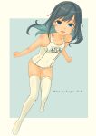 1girl absurdres alternate_costume alternate_legwear asashio_(jmsdf) asashio_(kancolle) black_hair blue_background blue_eyes border breasts collarbone covered_navel eyebrows_visible_through_hair full_body hair_between_eyes highres kantai_collection long_hair looking_at_viewer name_tag old_school_swimsuit one-piece_swimsuit open_mouth pot-de school_swimsuit small_breasts smile solo swimsuit thighhighs twitter_username white_border white_legwear white_swimsuit 