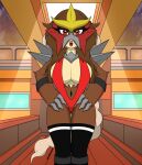  anthro big_breasts breasts clothing entei female front_view fur hand_on_hip hi_res humanoid legendary_pok&eacute;mon legwear looking_at_viewer nintendo panties pok&eacute;mon pok&eacute;mon_(species) samrunner solo thick_thighs underwear video_games 