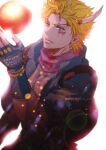  1boy battle_tendency blonde_hair blood blood_on_clothes blood_on_face blue_eyes blue_jacket bubble caesar_anthonio_zeppeli facial_mark feather_hair_ornament feathers fingerless_gloves gloves hair_ornament headband headband_removed jacket jewelry jojo_no_kimyou_na_bouken male_focus pink_scarf ribbon ring scarf solo tianel_ent triangle_print 