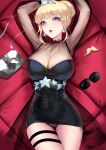  1girl :o absurdres arms_up bed black_dress blonde_hair blue_eyes breasts cian_yo cleavage covered_navel cowboy_shot dress floral_print hair_bun highres hololive hololive_english large_breasts looking_at_viewer lying on_back open_mouth panties pencil_dress short_dress solo thigh_gap thigh_strap tight tight_dress underwear watson_amelia 