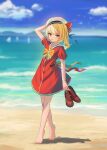  1girl barefoot beach blonde_hair cloud clynxen day dress flandre_scarlet footprints full_body hat highres holding holding_shoes looking_at_viewer no_wings ocean outdoors red_dress sailor_collar sailor_dress shoes shoes_removed short_sleeves sky smile solo standing touhou 