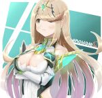  1girl absurdres arms_under_breasts bangs bare_shoulders blonde_hair blush breasts chest_jewel cleavage crossed_arms dress earrings gem gloves headpiece highres jewelry kanuici336 large_breasts long_hair mythra_(xenoblade) solo swept_bangs tiara tsundere very_long_hair white_dress white_gloves xenoblade_chronicles_(series) xenoblade_chronicles_2 yellow_eyes 
