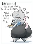  2018 anthro big_butt bottom_heavy breasts butt clothed clothing dialogue digital_media_(artwork) elisa_(maddeku) english_text female food huge_butt huge_hips huge_thighs hyper hyper_butt maddeku mammal murid murine overweight overweight_female rat rodent solo text thick_thighs wide_hips 