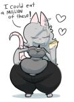  2018 anthro bottom_heavy breasts cake clothed clothing dessert dialogue digital_media_(artwork) elisa_(maddeku) english_text eyes_closed female food huge_hips huge_thighs hyper hyper_thighs maddeku mammal murid murine overweight overweight_female rat rodent solo text thick_thighs wide_hips 