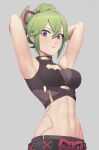  1girl armpits arms_up bangs bare_arms bare_shoulders black_shirt breasts commentary_request crop_top genshin_impact green_hair grey_background hair_between_eyes kuki_shinobu large_breasts looking_at_viewer midriff navel ponytail purple_eyes putcher shirt short_hair simple_background sleeveless sleeveless_shirt solo stomach upper_body 