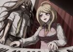  1boy 1girl :d absurdres ahoge akamatsu_kaede arms_at_sides bangs black_pants blonde_hair breast_pocket breasts brown_hair brown_necktie collared_shirt danganronpa_(series) danganronpa_2:_goodbye_despair danganronpa_v3:_killing_harmony green_necktie grey_shirt hair_ornament harari highres instrument kamukura_izuru large_breasts long_hair messy_hair music musical_note_hair_ornament necktie pants piano pink_eyes playing_instrument pocket shirt signature smile standing teeth upper_body upper_teeth 