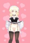  1girl absurdres bare_shoulders blonde_hair blush brown_eyes clothes_lift commission commissioner_upload elbow_gloves flaccid foreskin full-package_futanari futanari gloves hidamari_sketch highres lifted_by_self long_hair looking_at_viewer maid maid_headdress miyako_(hidamari_sketch) penis pink_background skirt skirt_lift small_penis smile solo testicles thighhighs 