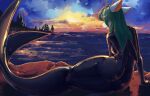  absurd_res anthro big_breasts breasts butt clothed clothing collar dragon female fin fur gloves hair handwear hi_res latex latex_clothing marine merfolk rear_view rubber rubber_clothing rubber_suit sea seaside shanher shanher_(oc) sitting solo split_form sunset tight_clothing water 