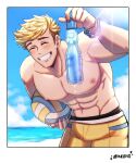  1boy abs ball bara beach beachball blonde_hair blush bottle closed_eyes day granblue_fantasy highres holding holding_ball holding_bottle large_pectorals male_focus male_swimwear muscular muscular_male navel nipples oneirio outdoors pectorals short_hair sideburns smile solo summer teeth topless_male twitter_username undercut vane_(granblue_fantasy) water_bottle yellow_male_swimwear 