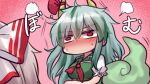  2girls blush bow ex-keine eyebrows_visible_through_hair fujiwara_no_mokou green_hair hair_bow highres horn_ornament horn_ribbon horns kamishirasawa_keine long_hair multicolored_hair multiple_girls pink_background red_eyes red_ribbon ribbon short_sleeves sweat tail touhou two-tone_hair unime_seaflower white_hair 