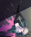  1boy black_pants blood chain danganronpa_(series) danganronpa_2:_goodbye_despair full_body green_jacket grey_hair highres hood hooded_jacket jacket komaeda_nagito male_focus messy_hair open_clothes open_jacket pants pink_blood print_shirt rinjkk shirt skull_ornament solo white_hair white_shirt 