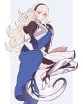  1girl armor armored_dress bangs barefoot black_gloves black_headband blue_cape blush breastplate cape closed_mouth clothing_cutout corrin_(fire_emblem) corrin_(fire_emblem)_(female) d0o00o0b dragon_girl dragon_tail eyebrows_visible_through_hair fire_emblem fire_emblem_fates gloves hair_between_eyes headband juliet_sleeves long_hair long_sleeves pointy_ears puffy_sleeves red_eyes simple_background solo tail thigh_cutout toeless_legwear wavy_hair white_background white_hair 