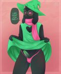  2022 5_fingers anthro aroused balls_in_underwear black_body black_fur blush bovid caprine clothed clothing clothing_lift crossdressing dark_body deltarune dialogue digital_media_(artwork) dress dress_lift english_text erection eyewear fingers floppy_ears fur genitals girly glasses goat green_penis hair hat headgear headwear hi_res horn humanoid_genitalia humanoid_penis lingerie long_ears looking_at_viewer maiteik_(artist) male mammal panties partially_clothed penis pink_clothing pink_eyes pink_underwear pinup pose presenting presenting_penis ralsei scarf seductive smile smiling_at_viewer solo speech_bubble standing text thong topwear undertale undertale_(series) underwear video_games watermark witch_hat 