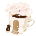  1girl animal bear cafe chai_(drawingchisanne) cherry_blossoms coffee coffee_mug commentary cup looking_at_viewer mug no_humans original polar_bear restaurant shadow sign signature simple_background solo standing translation_request white_background 