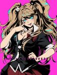  1girl :d :p bangs bear_hair_ornament blonde_hair blue_eyes bow breasts cleavage criis-chan danganronpa:_trigger_happy_havoc danganronpa_(series) enoshima_junko hair_ornament hand_on_hip hand_up large_breasts long_hair looking_at_viewer miniskirt nail_polish necktie pink_background red_bow red_nails red_skirt shiny shiny_hair shirt skirt smile solo teeth tongue tongue_out twintails twitter_username upper_teeth 
