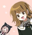  1boy 1girl 3tn_63 :d animal_ears bangs black_jacket brown_background brown_eyes brown_hair collared_shirt danganronpa:_trigger_happy_havoc danganronpa_(series) danganronpa_2:_goodbye_despair dress_shirt eyebrows_visible_through_hair fake_animal_ears fujisaki_chihiro galaga hair_ornament hand_up highres hood hood_up jacket looking_at_viewer medium_hair nanami_chiaki neck_ribbon pink_ribbon portrait ribbon shiny shiny_hair shirt simple_background smile 