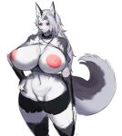  absurd_res anthro areola big_breasts breasts canid canid_demon clothed clothing collar demon female gomchichan_(artist) hand_on_hip hellhound helluva_boss hi_res huge_breasts loona_(helluva_boss) mammal simple_background solo spiked_collar spikes white_background 