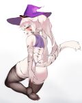  absurd_res anthro clothed clothing felid female fur gomchichan_(artist) hat headgear headwear hi_res legwear looking_at_viewer looking_back looking_back_at_viewer mammal pantherine simple_background solo thigh_highs thong tiger underwear white_background white_body white_fur witch_hat 