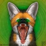  1:1 2018 ambiguous_gender black_body black_fur black_nose bodily_fluids dated fangs feral front_view fur glistening glistening_nose glowing glowing_eyes green_eyes inner_ear_fluff looking_at_viewer mouth_shot open_mouth orange_body orange_fur red_tongue saliva saliva_on_tongue saliva_string signature simple_background skyelegs solo text tongue tongue_out tuft url whiskers white_body white_fur white_inner_ear_fluff 