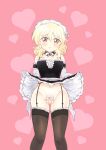  1girl absurdres bare_shoulders blonde_hair blush brown_eyes clothes_lift commission commissioner_upload elbow_gloves flaccid foreskin full-package_futanari futanari gloves hidamari_sketch highres lifted_by_self long_hair looking_at_viewer maid maid_headdress miyako_(hidamari_sketch) penis penis_ribbon pink_background ribbon skirt skirt_lift small_penis smile solo testicles thighhighs 