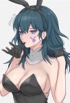  1girl animal_ears banned_artist bare_arms bare_shoulders black_gloves black_hairband black_leotard blue_eyes blue_hair breasts byleth_(fire_emblem) byleth_(fire_emblem)_(female) cleavage commentary_request detached_collar facial_mark fake_animal_ears fire_emblem fire_emblem:_three_houses gloves grey_background hairband hands_up highres large_breasts leotard long_hair looking_at_viewer playboy_bunny shimizu_akina simple_background solo strapless strapless_leotard upper_body 