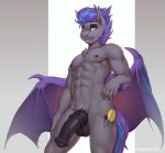  abs anthro arm_support bat_pony big_penis equid fangs genitals helios_aster hi_res leaning_on_elbow leaning_on_object male mammal muscular muscular_male my_little_pony nightskrill nipples penis smile solo wings 