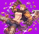  1boy abs animal_ears animal_hands bangs bara bare_pectorals belt black_pants blonde_hair brown_belt candy cookie cropped_jacket food fur_collar gloves granblue_fantasy green_eyes halberd highres holding holding_polearm holding_weapon jacket knee_pads large_pectorals looking_at_viewer male_focus muscular muscular_male navel nipples official_alternate_costume oneirio open_clothes open_jacket open_mouth orange_jacket pants paw_gloves pectorals polearm short_hair smile solo tail twitter_username undercut vane_(granblue_fantasy) weapon wolf_boy wolf_ears wolf_tail 