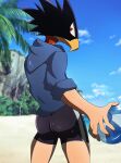  2018 5_fingers absurd_res animal_head avian ball beach beak butt clothing cloud day detailed_background fingers for_a_head fumikage_tokoyami hi_res holding_object looking_at_viewer male my_hero_academia palm_tree plant red_eyes seaside solo soruagreninja tree water 