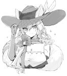  1girl animal_ears arknights bangs bare_shoulders breasts cat_ears choker cleavage commentary_request cropped_torso duplicate ears_through_headwear elbow_gloves feather_boa gloves greyscale hair_between_eyes hat heidi_(arknights) highres large_breasts long_hair looking_at_viewer monochrome pixel-perfect_duplicate raw_egg_lent simple_background solo upper_body white_background 